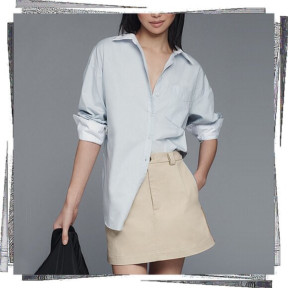 NWT: Creamy Tan Side-Striped Mini Skirt w Blue Front Pocket Piping (S) by Maeve - Picture 2 of 6